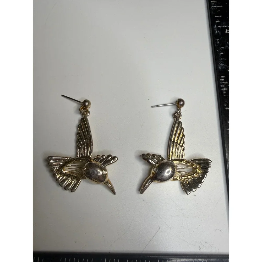 Two Tone Hummingbird Drop Earrings Silver Gold Tone Nature Bird Jewelry